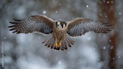 Falcão voando na floresta nevada - Fundo de tela