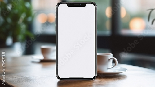 Mockup of a smartphone with blank white screen on a wooden table in a cafe
