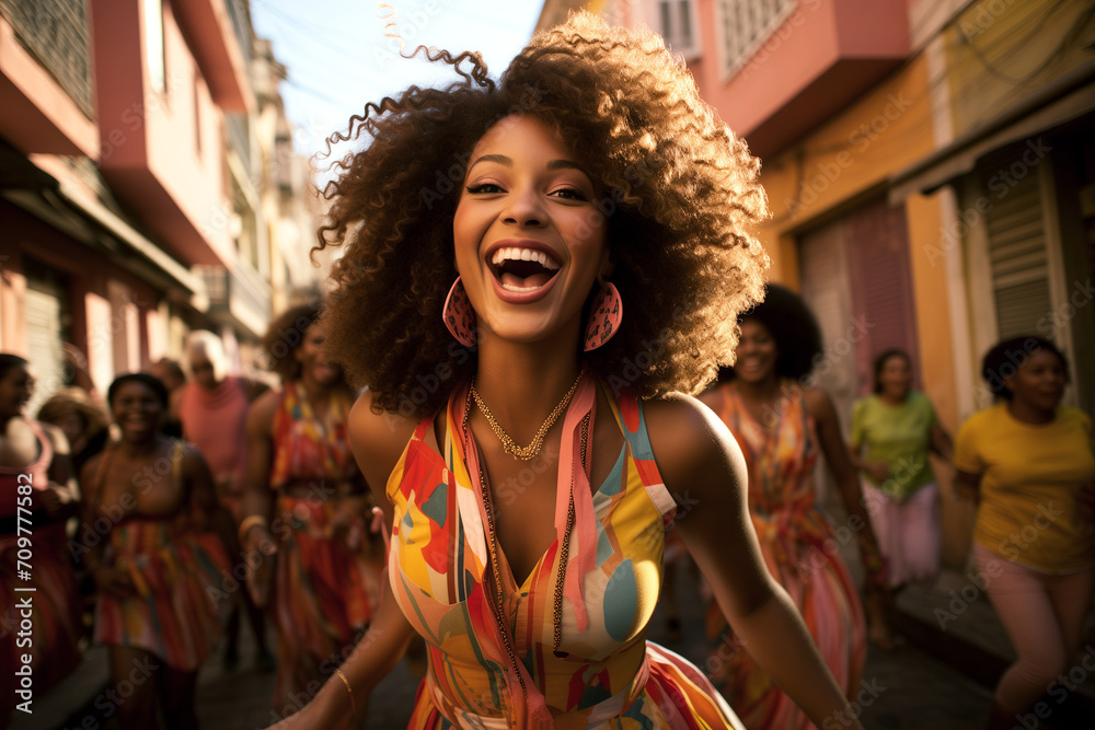 Woman in the Streets of Brazil Celebrating Carnival, Festive Carnival Streets, Brazilian Woman Immersed in the Vibrant Celebration, Dancing with a Joyful Expression on Plenty Streets
