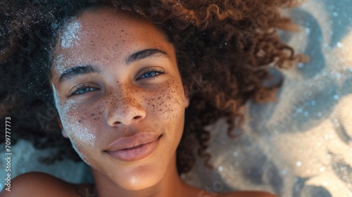 Young African American woman with freckles, blue eyes, and curly red hair taking a selfie while lying on the sandy ocean beach
