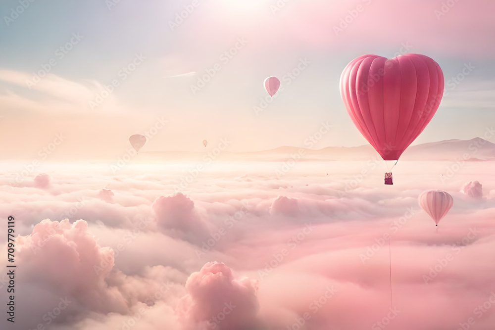 Fototapeta premium soft and romantic cloudy atmosphere , pink clouds and heart shaped balloons