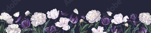 Spring botanical vector with peonies and tulips. Horizontal dark blue banner or floral background decorated with gorgeous white and dark blue with purple blooming flowers and a border of leaves. 