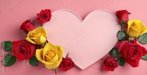 Red heart and yellow roses on a pink background. Happy Valentine   s Day     theme.