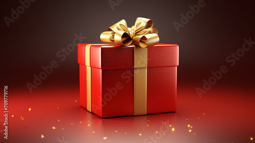 3d rendered red gift box with gold ribbon with golden glitter © Aura
