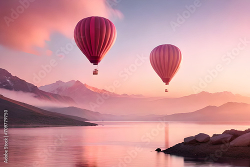 soft and romantic cloudy atmosphere , pink clouds and hot air balloons 