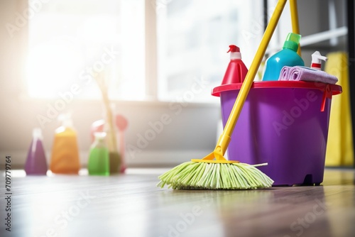 Cleaning items on the floor. Washing set colorful with copy space banner.