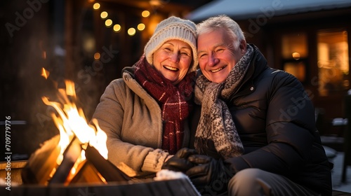 An elderly couple cuddled up by an outdoor fireplace on a cold winter's evening.