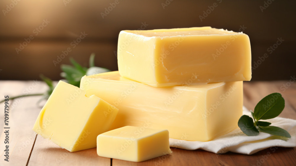 Block of fresh butter isolated on white background.