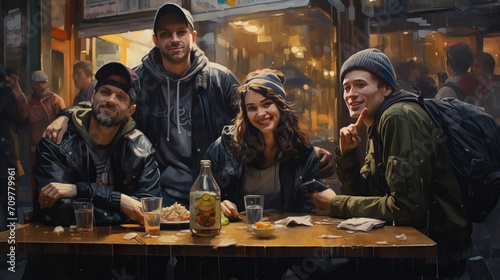 A bunch of pals visiting a street food vendor in a portrait. photo