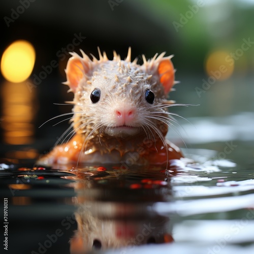 Photo of a baby axolotl swimming in a clear pond. Generative AI