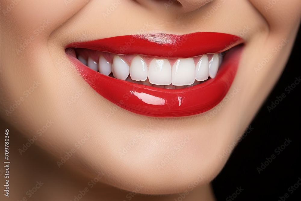 Close up portrait of woman with perfect red lips and clear white teeth, radiant smile. Close up portrait of woman with perfect red lips and clear white teeth, radiant smile.