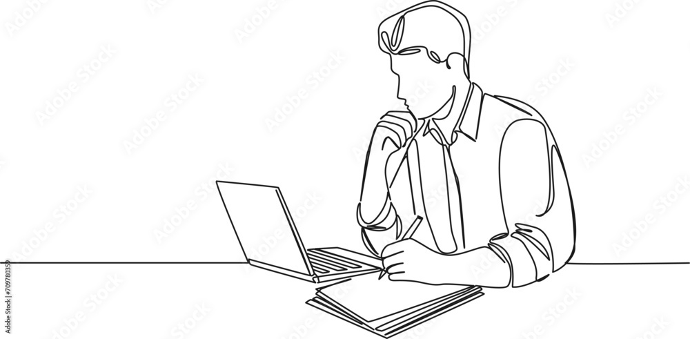 continuous single line drawing of man taking notes on paper white using laptop computer, line art vector illustration