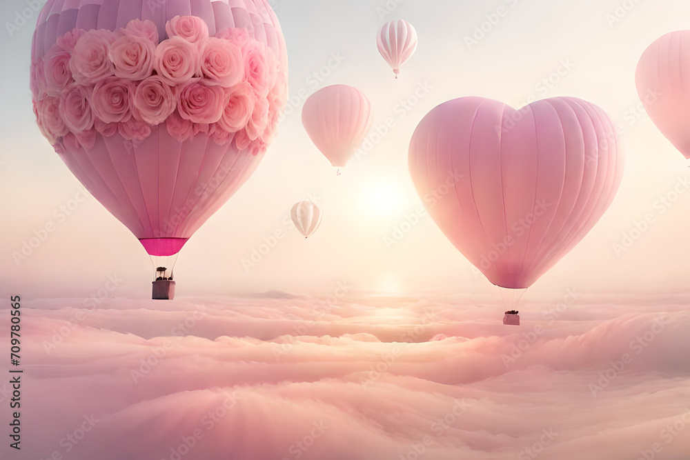 soft and romantic cloudy atmosphere , pink clouds and heart shaped balloons