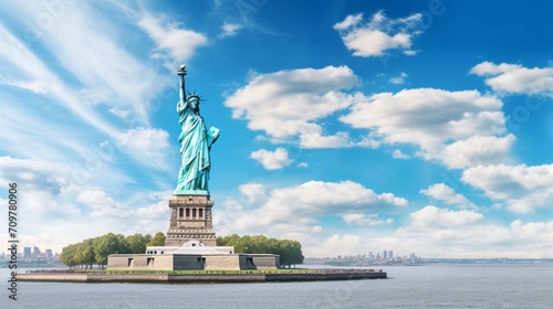 On Liberty Island in New York, the Statue of Liberty is set against a cloudy blue sky.