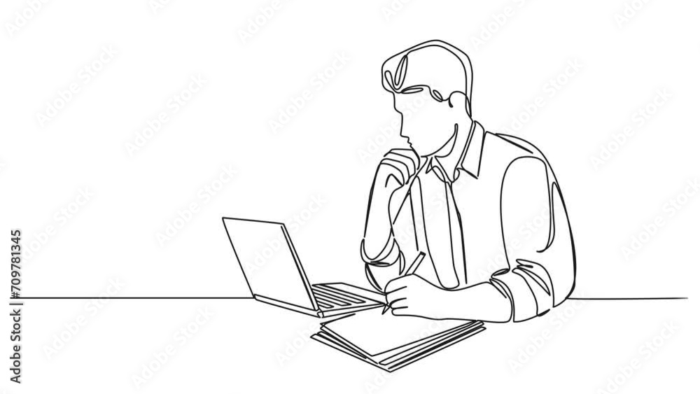 animated continuous single line drawing of man taking notes on paper white using laptop computer, line art animation animated continuous single line drawing of man taking notes on paper white using laptop computer, line art animation