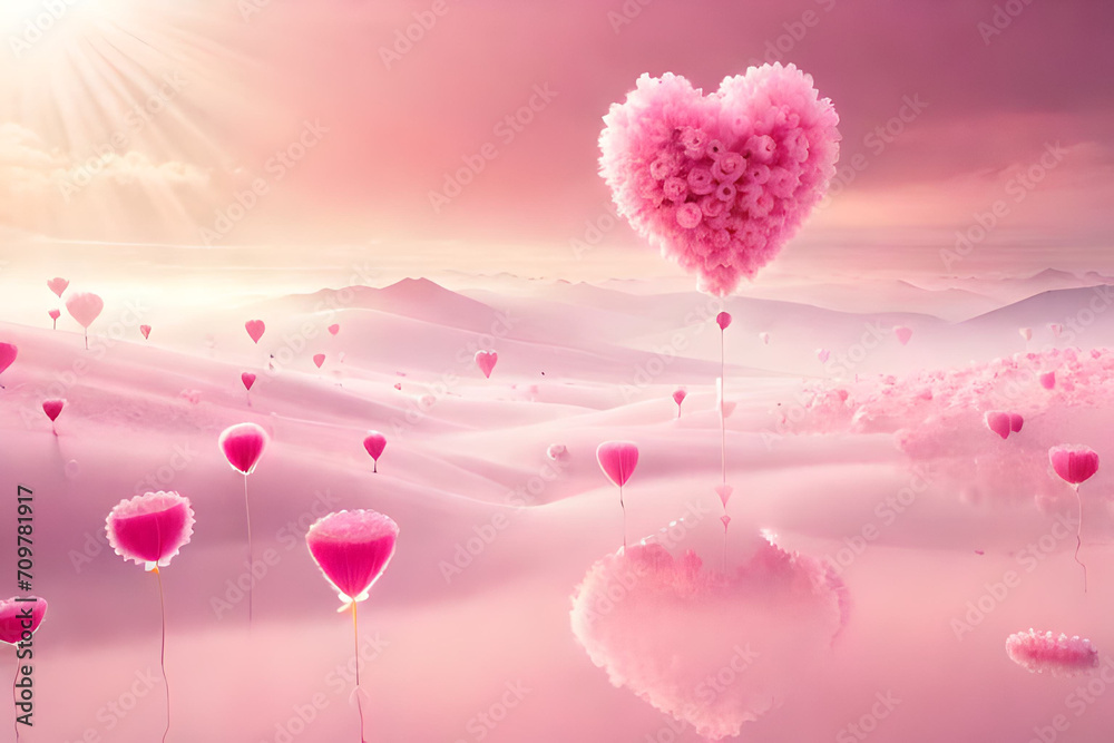 pink ethereal romantic cloudy landscape , valentines and love concept , heart shaped balloons