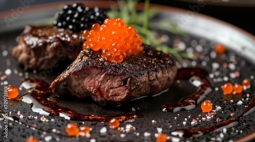 Steak with caviar on a plate, dark orange and dark brown, food photography. close-up view. fancy restaurant