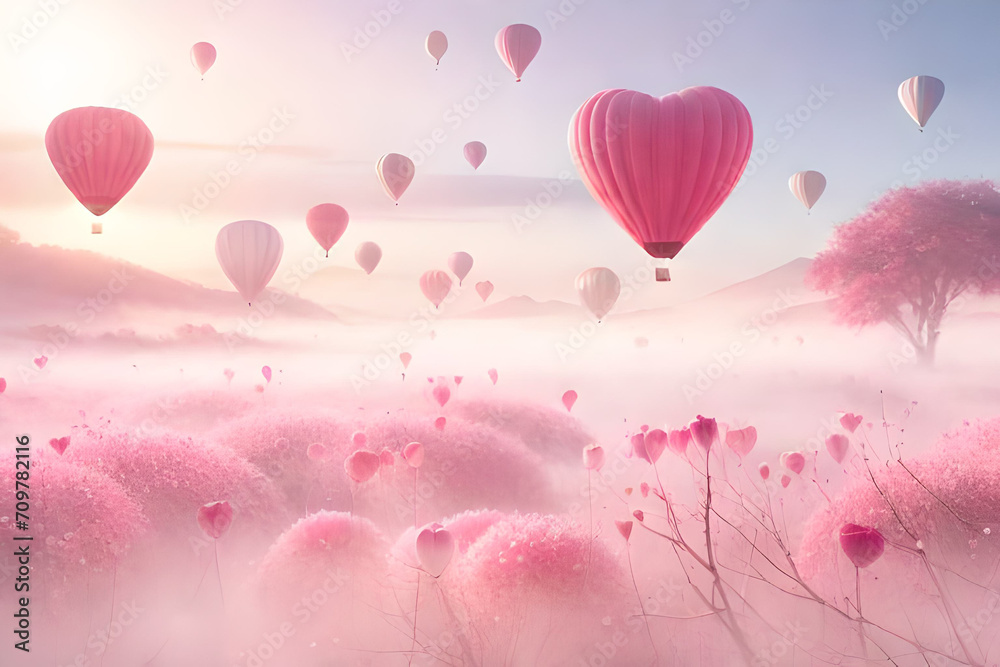 pink ethereal romantic cloudy landscape , valentines and love concept , heart shaped balloons