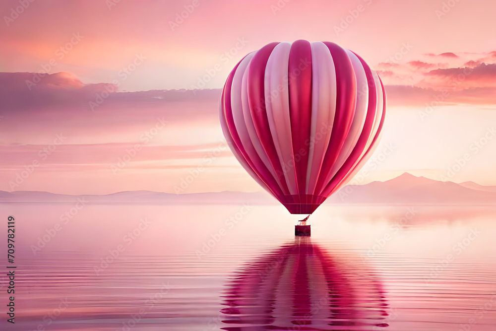 Obraz premium pink ethereal landscape , air balloons above the clouds , valentines and love concept