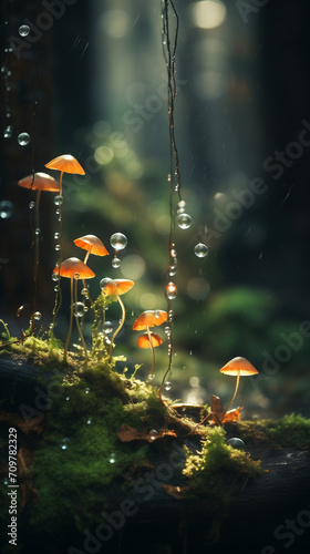 Autumn Mushrooms and leaves with drops of water and bokeh in the Magical rainforest with Sunlight for background, banners, websites