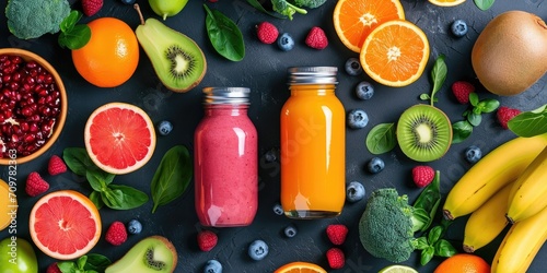 Healthy smoothies in bottles with fresh fruits and berries on dark background, top view. Healthy eating concept
