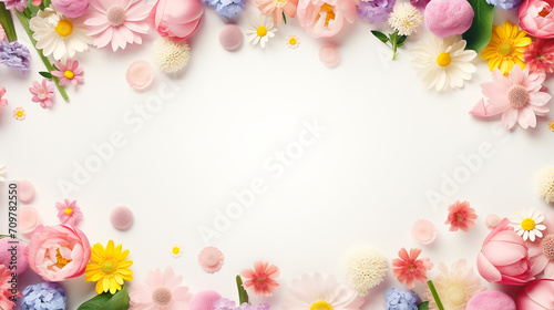 frame of bright spring flowers of different colors, pastel background Mother's Day, Easter, Valentine's Day