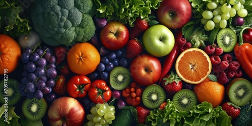 Fresh fruits and vegetables background. Healthy food concept. Top view.