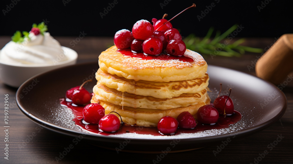 Japanese soufflé pancakes with honey, red currants on a white plate Japanese soufflé pancakes with honey, red currants on a white plate
