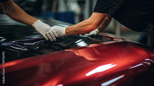 Process of pasting hood of red car with protective vinyl film from gravel chips and scratches. Transparent protection for paint.
