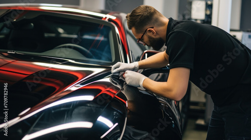 Process of pasting hood of red car with protective vinyl film from gravel chips and scratches. Transparent protection for paint.