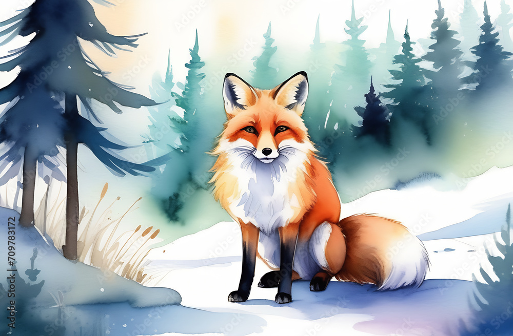 A red fluffy fox with black paws sits against the background of a winter forest A red fluffy fox with black paws sits against the background of a winter forest