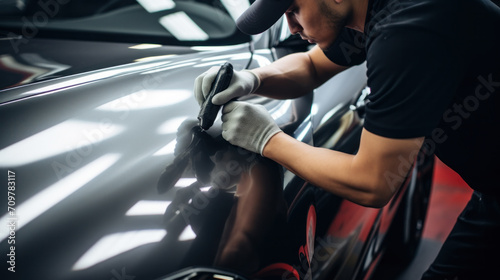 Specialist in wrapping a car with chameleon-colored vinyl film in the process of work. Car wrapping specialists cover the car with vinyl sheet or film. Selective focus. © Nataliya