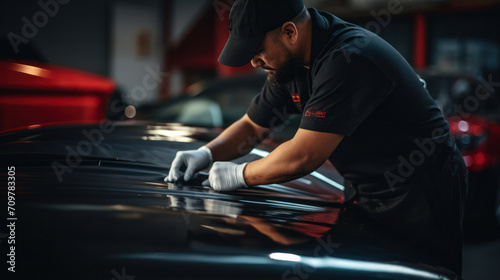 Specialist in wrapping a car with chameleon-colored vinyl film in the process of work. Car wrapping specialists cover the car with vinyl sheet or film. Selective focus.