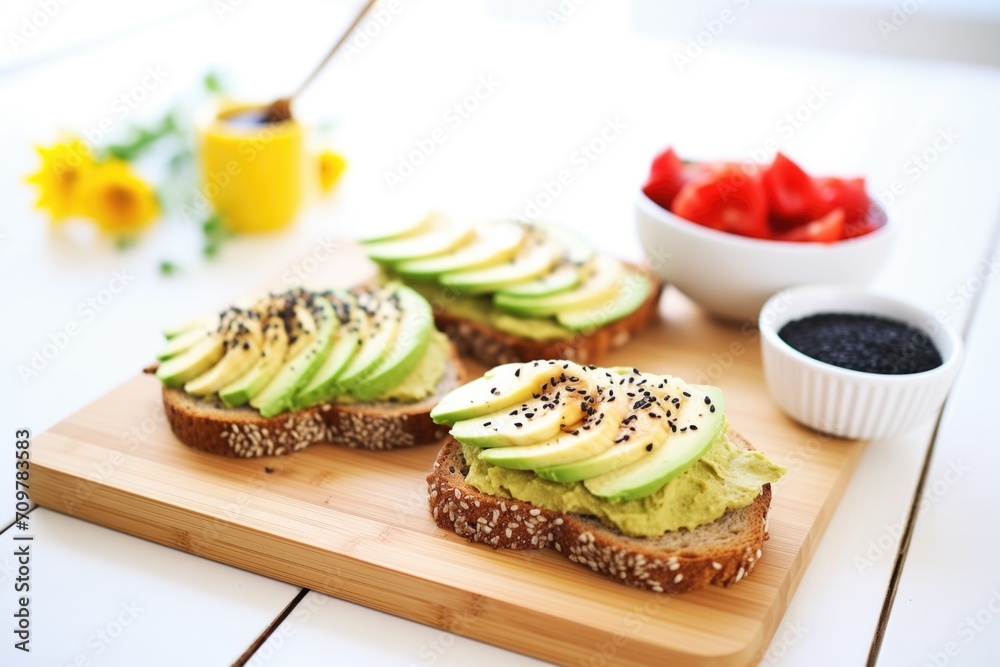 avocado spread on bagel halves with sesame and poppy seeds avocado spread on bagel halves with sesame and poppy seeds