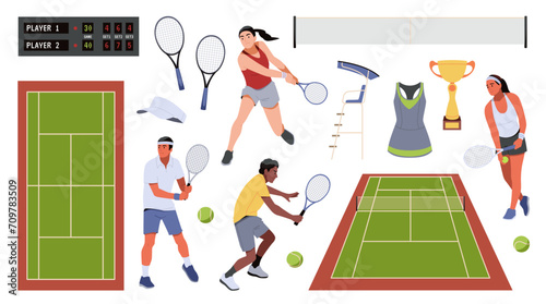 Tennis players and game elements. Sports accessories, athletes with rackets in dynamic poses, court, scoreboard and balls. Competition and hobby cartoon flat isolated tidy vector set