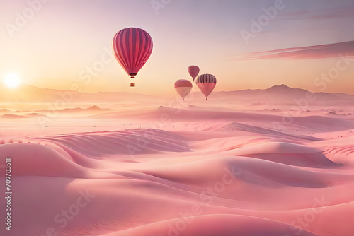 pink ethereal landscape , air balloons above the clouds , valentines and love concept