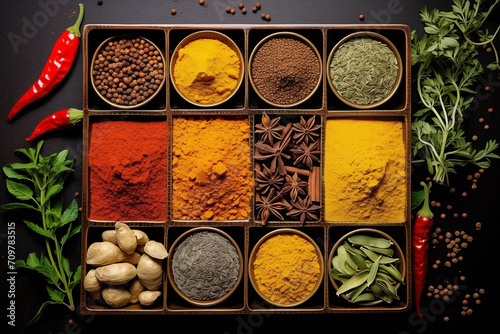 Indian spices used in Indian cooking sush as masala hot curry whole spices like turmeric. Top view of spices in boxes. Generative AI photo