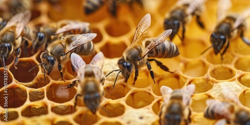 Close up view of the working bees on honeycells with sweet honey. photo