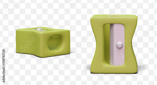 Realistic pencil sharpener closeup. Stationery, front and side view