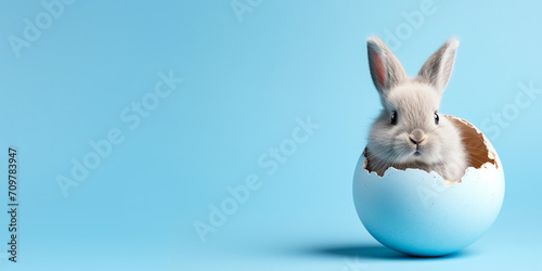 Cute Easter bunny hatching from a blue Easter egg on blue background