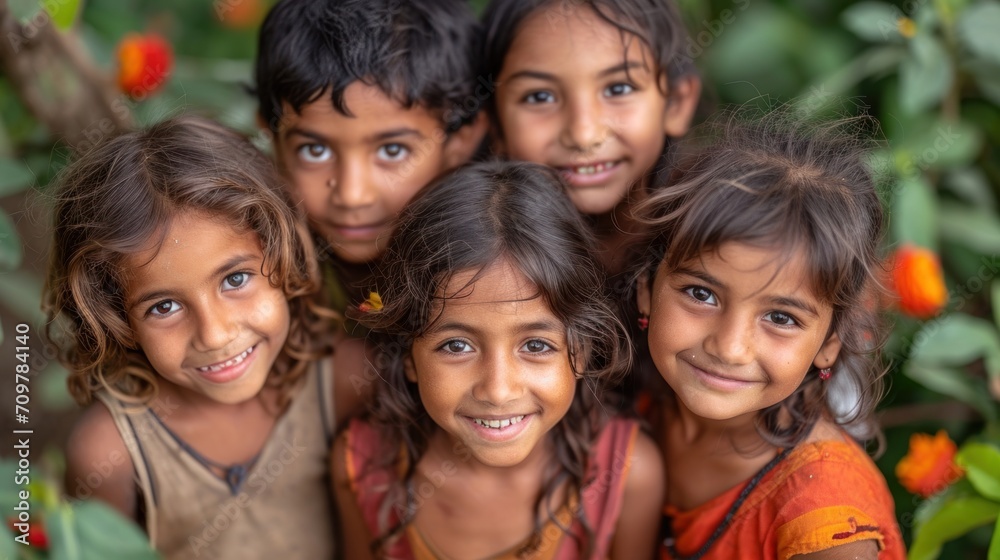 Group of indian kids smiling and looking at camera in the garden from above view. Group of indian kids smiling and looking at camera in the garden from above view.