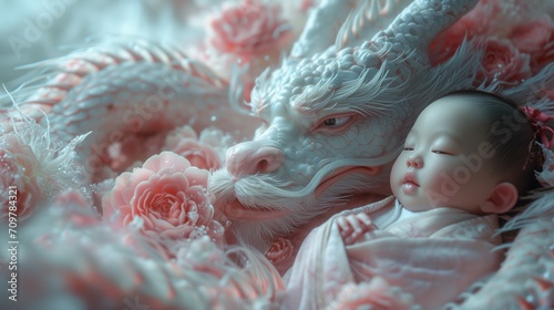 A white and Pink Chinese dragon lies next to a newborn asian baby, Newborn baby wrapped in Soft Pink cloth, Chinese style, in a garden full of flowers. cinematic shot.