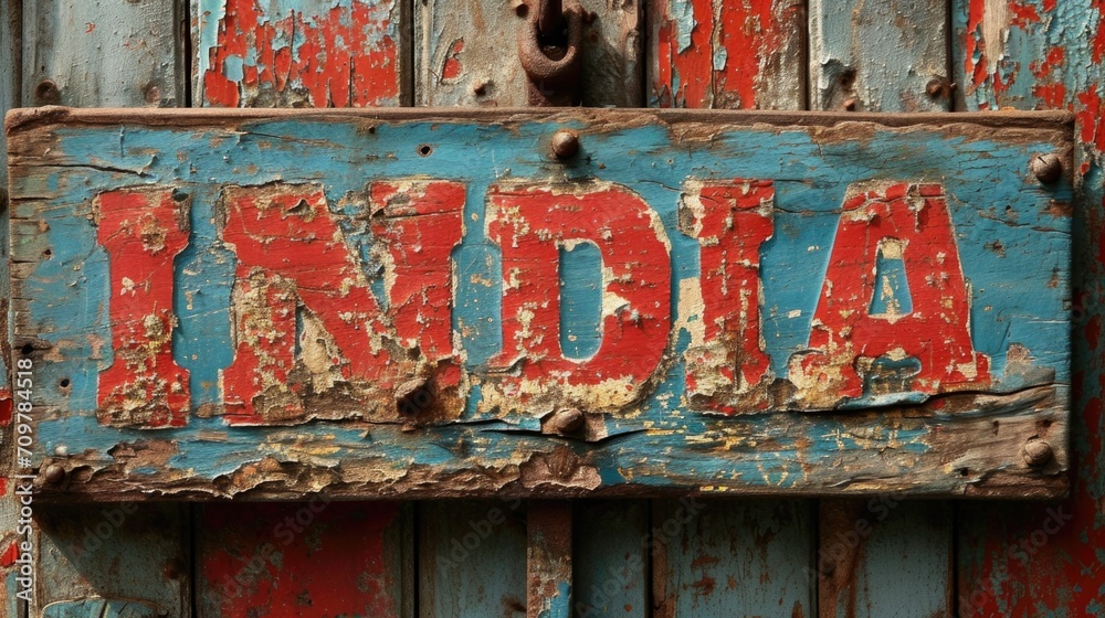 Vintage old wooden door with the word  India on it