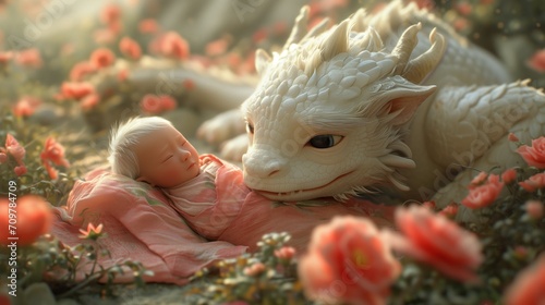 A white and Pink Chinese dragon lies next to a newborn asian baby, Newborn baby wrapped in Soft Pink cloth, Chinese style, in a garden full of flowers. cinematic shot. © ME_Photography