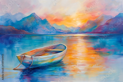 Emotional wallpaper of a small boat on a calm lake at dawn, mist rising from the water, Watercolor Painting. Generative AI