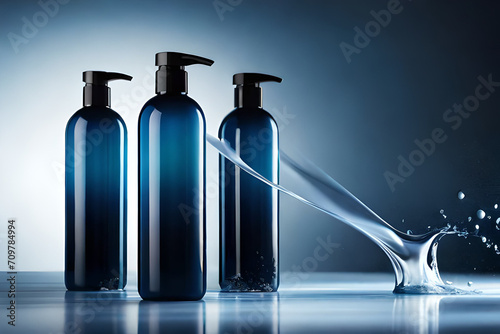 three blue cosmetics pump bottle , shampoo packaging photo