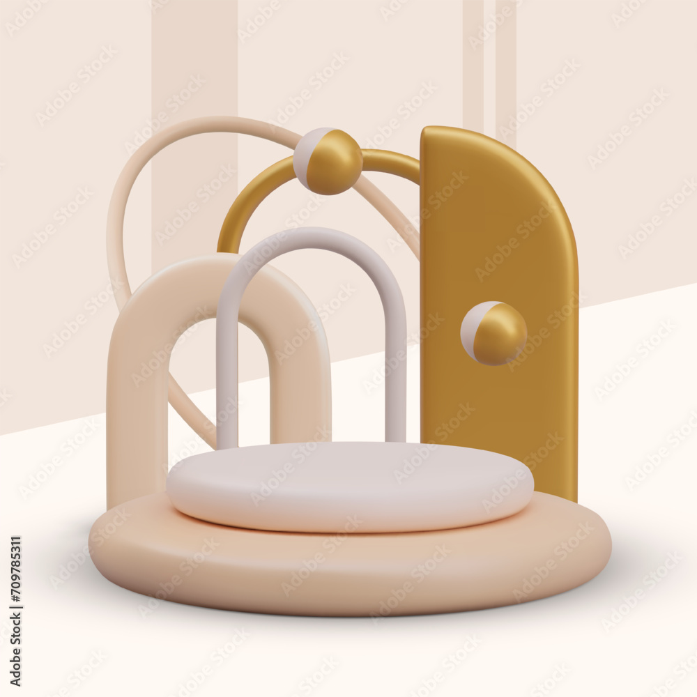Vertical fantasy podium for advertising one product. Concept in soft shades with golden decoration Vertical fantasy podium for advertising one product. Concept in soft shades with golden decoration