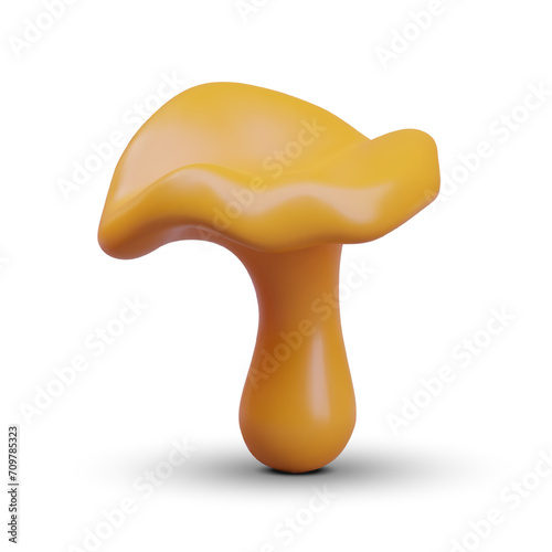Cute 3D chanterelle in vertical position. Vector concept of edible forest mushrooms. Illustration for mushroom pickers. Image for special vegetarian autumn menu