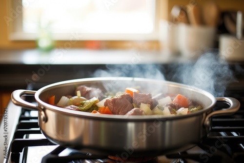 beef stew simmering on stove, pot lid askew photo