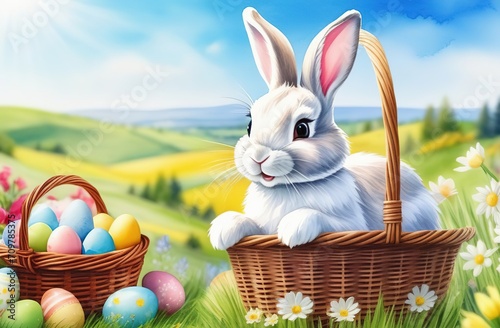 Illustration  A beautiful Easter bunny  a fluffy baby rabbit with a basket full of colorful Easter eggs  against the background of a green garden nature.